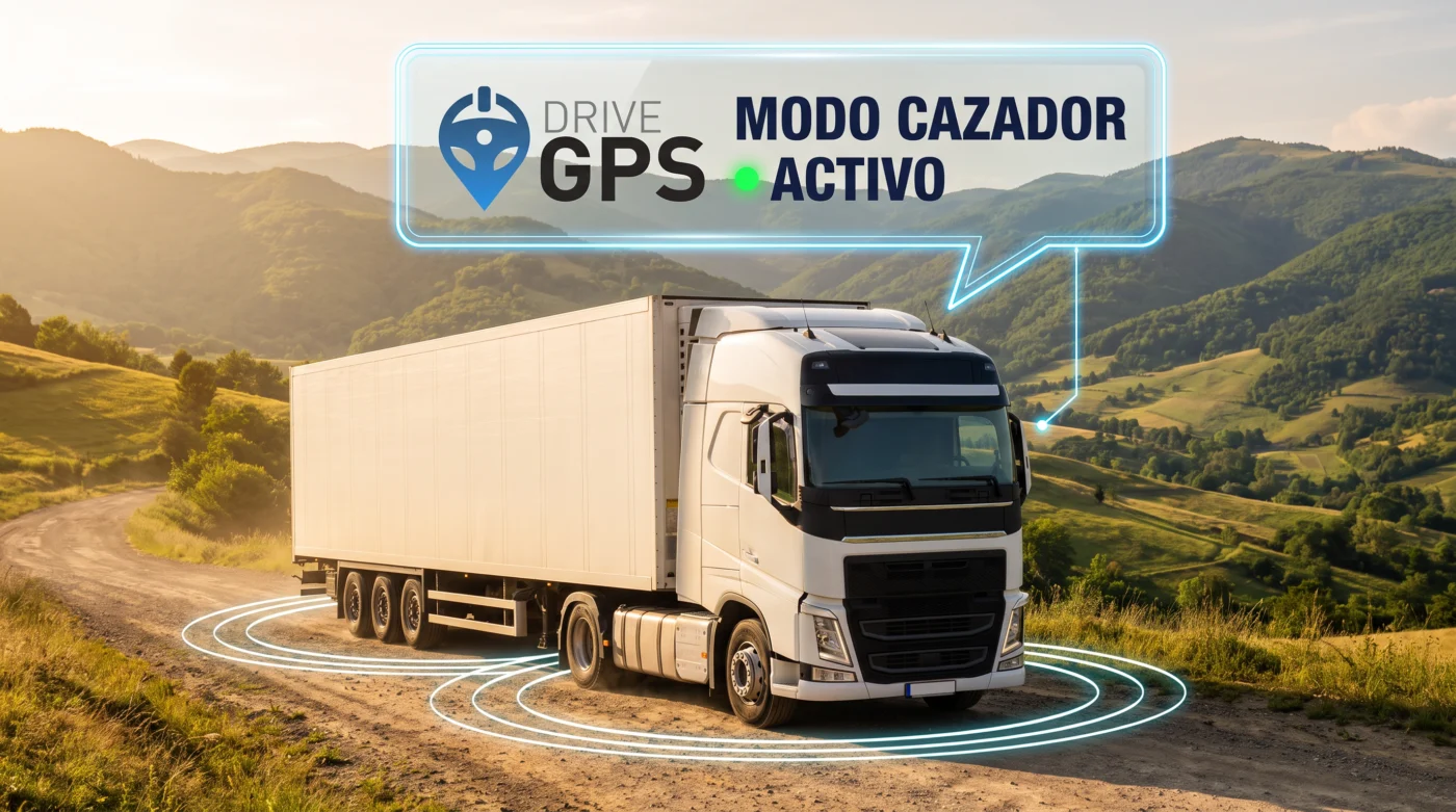 Tractomula blanca en una vía rural de montaña con una burbuja que dice Drive GPS, modo cazador activo