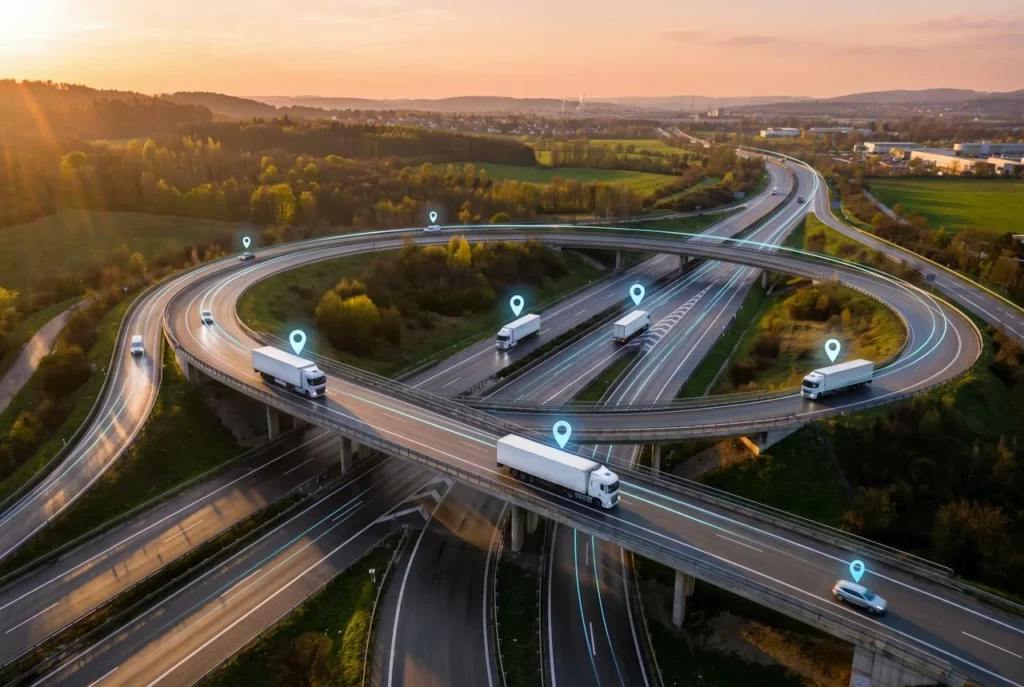 Vista aérea de una autopista al atardecer con camiones marcados con pines de ubicación