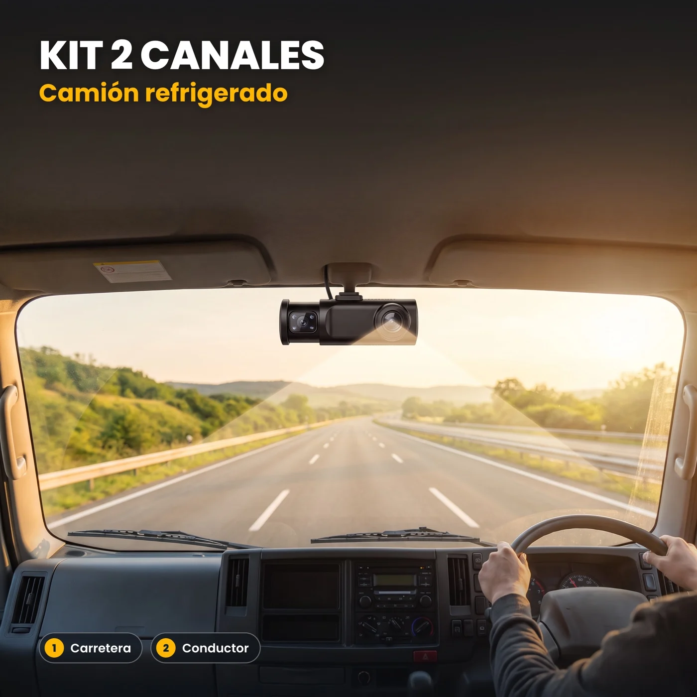 Cabina de un camión refrigerado con cámara de doble lente en el parabrisas que graba la carretera y al conductor. Kit de 2 canales.