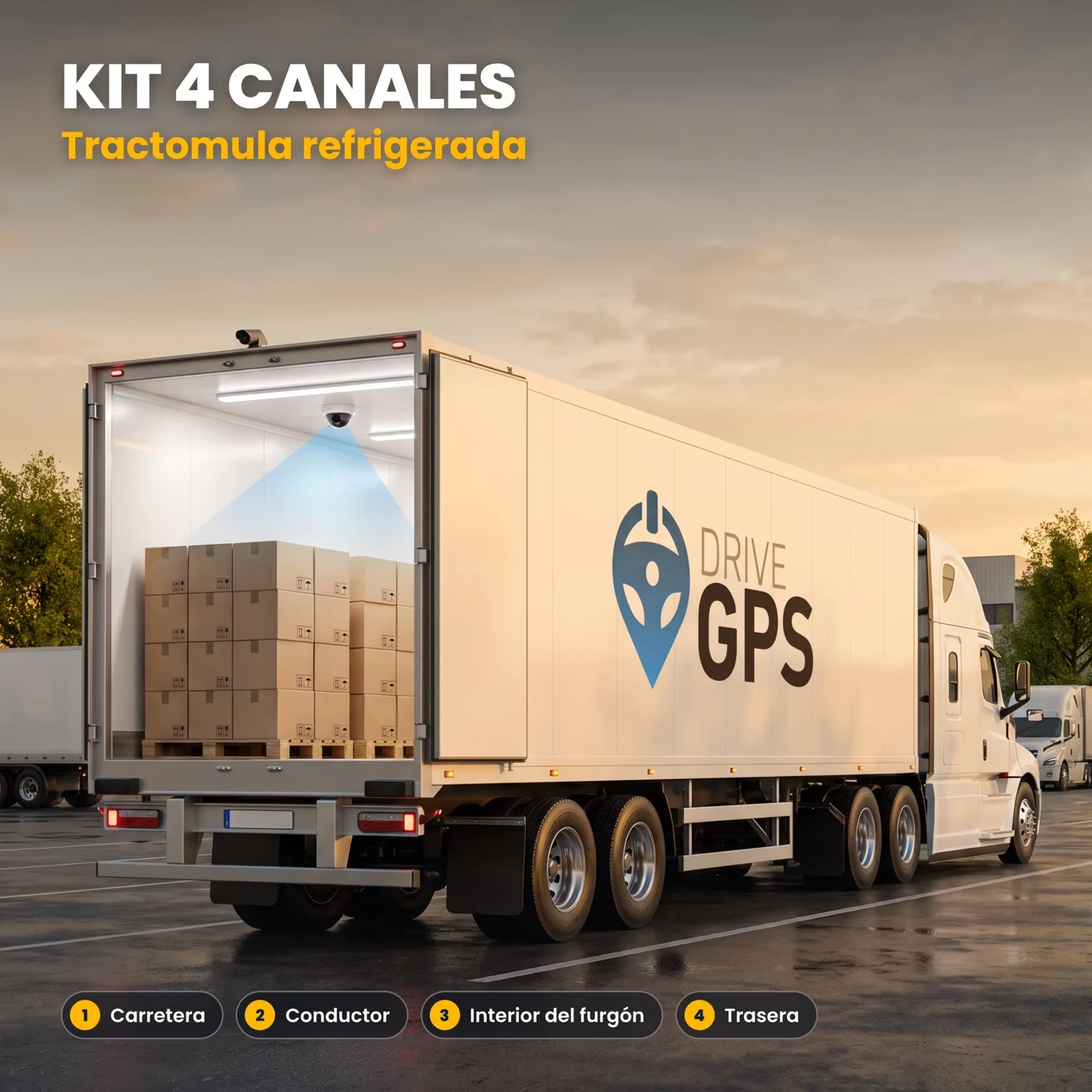 Tractomula refrigerada con el logo de Drive GPS y las puertas abiertas; una cámara interior vigila la carga. Kit de 4 canales.